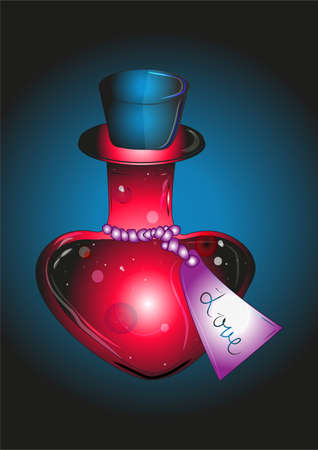 Love potion in a heart shaped bottle with a tag with the word Love.Concept on the theme of true, magical and eternal love.のイラスト素材