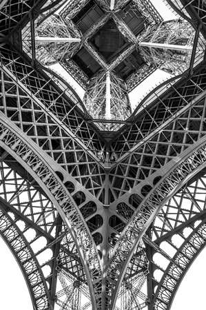 Black and white Eiffel Tower taken from underneathの写真素材