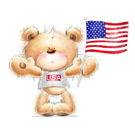 Cute Teddy bear with the  USA flag. Background with bear and flag.Independence day. Greeting card with cute Teddy  .の写真素材