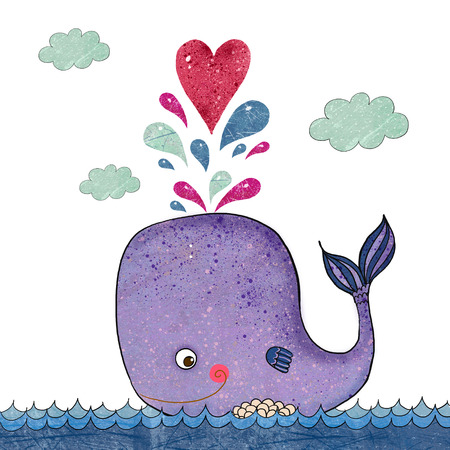 Cartoon  illustration with whale and red heart. Marine illustration with funny whale. Holiday card.
の写真素材