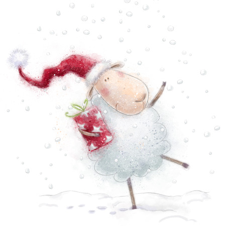 Christmas sheep.Cute sheep with the gift in Santa hat on snow background.Christmas greeting card.Happy New Year.の写真素材