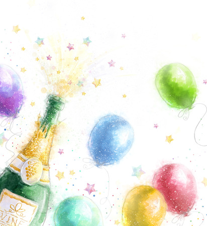 Champagne party. Celebration theme with splashing champagne balloons and stars.Happy Birthday.New Year.Party invitation.Birthday greeting card.の写真素材