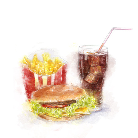 Fast food menu.Big hamburger, ice cola and French fries.Food illustration for menu, cafe, restaurantの写真素材