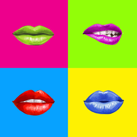 Pop art lips.Lips background. Lipstick advertisement.Smiley lips.Temptation, love, happy, lust,kiss lips. Lips set isolated . Design element. Red lips. Lips background. Healthy and white teeth.の写真素材