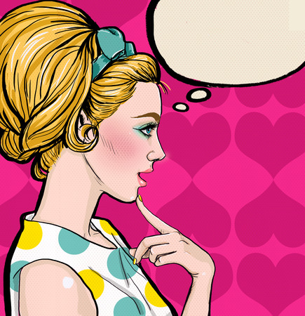 Pop Art illustration of blond girl in profile with the speech bubble.Pop Art girl. Party invitation. Birthday greeting card.Vintage advertising poster. Comic woman with speech bubble. Sexy disco girl.の写真素材