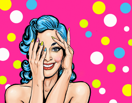 Surprised smiling girl.  Comic woman. Sexy girl. Amazed woman. Party invitation. Birthday card.  movie star. Comic woman. Sexy girl. Lust, seduction, sex, sexuality, wow, makeup, wonder, shyの写真素材
