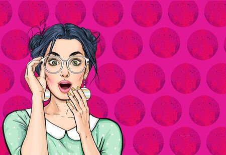 Surprised Woman in glasses. Advertising poster or party invitation with sexy club girl with open mouth in comic style. Expressive facial expressionsの写真素材
