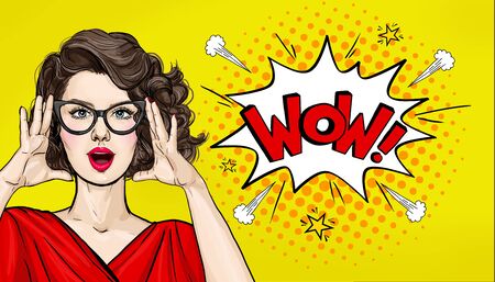 Surprised Pop Art woman in hipster glasses. Advertising poster or party invitation with sexy club...