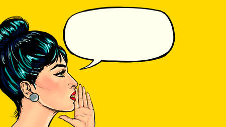 Pop art woman say something with speech bubble. Lady announcing discount or sale. shopping time. gossip womanの写真素材