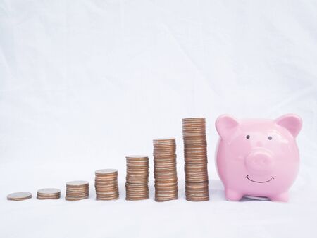 Pink piggy bank with coins bar graph, Saving money for future plan and retirement fund concept.の写真素材