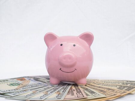 pink piggy bank with dollars bank note, Saving money for future plan and retirement fund concept.の写真素材