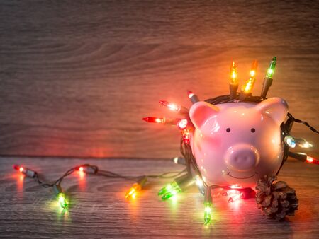 Pink piggy bank with Party lights, Enjoy savings for the holidays concept.の写真素材
