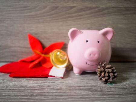 pink piggy bank and pinecone with x'mas theme, Enjoy savings for the holidays concept.の写真素材