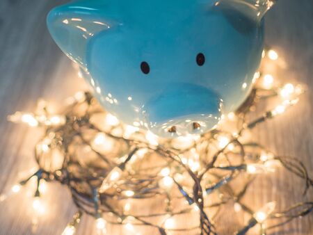 Blue piggy bank with Party lights, Enjoy savings for the holidays concept.の写真素材