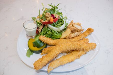 Finger fish steak and organic vegetables salad ready to eat white dishes.の写真素材