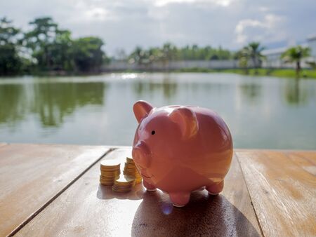 Pink piggy bank standing on wooden with coins pile and water backgeound, Saving money for future plan and retirement fund concept.の写真素材