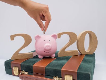 Women hand putting gold coin into pink piggy bank with 2020 wooden character on business bag, Have a...