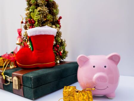 Christmas tree and pink piggy bank with decoration on white background, Have a nice holiday on this Christmas.の写真素材