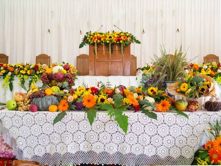 Many Vegetables, fruits and flowers are Decorated for Happy Thanksgiving Day.の写真素材