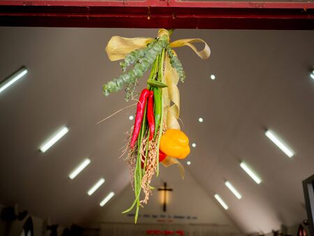 Many Vegetables, fruits and flowers are Decorated on window for Happy Thanksgiving Day.