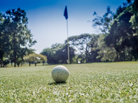 Photo of white golf ball on grass with blue sky background.