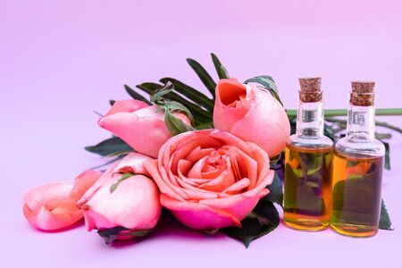 Essential oil, Rose flower, Rose perfume on white background, spa aromatherapy.の写真素材