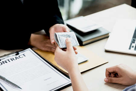 Government officials receiving bribe money from business man the concept of corruption and anti...
