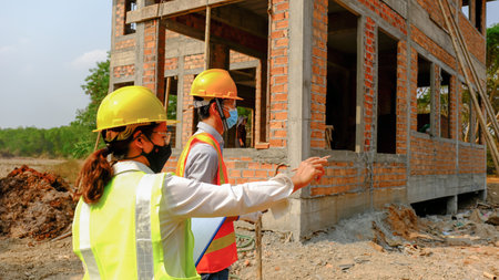 Engineer contractor team meeting work safety plan industry project and check design at the construction building site.の写真素材