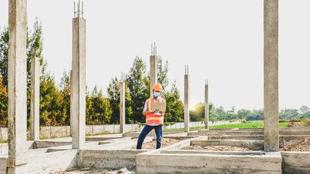 Engineer contractor man use lptop work safety industry project, check house plan design and...