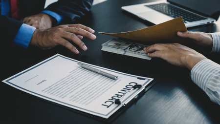 Government officials hand receiving bribe money from businessman, the concept of corruption and...