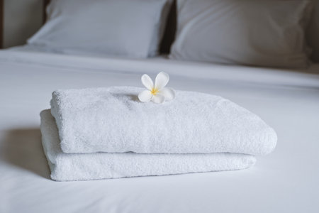 Plumeria and towels on the bed in the luxury hotel room ready for tourist travel.の写真素材