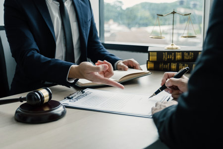 Businesswoman hand sign after Lawyer providing legal consult dispute service at the office with justice scale and gavel hammer.の写真素材