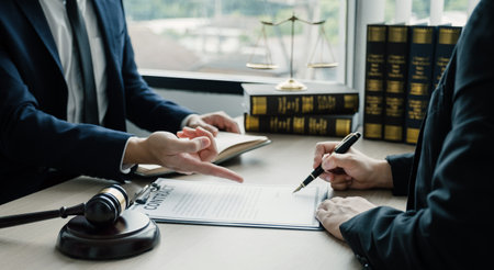 Businesswoman hand sign after Lawyer providing legal consult dispute service at the office with justice scale and gavel hammer.の写真素材