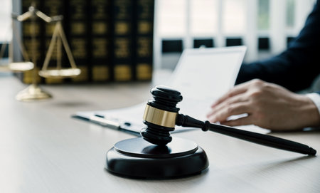 gavel hammer, Lawyer hand holding pen and providing legal consult business dispute service at the office with justice scale.の写真素材