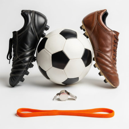 a professional and high-quality stock photography composition of a complete set of football equipment including two soccer cleats in black and brown leather, a classic white and black paneled football, a silver whistle with a bright orange lanyard on a clean white background. the image is well-lit with soft shadows to highlight texture, detail, and quality for commercial use.