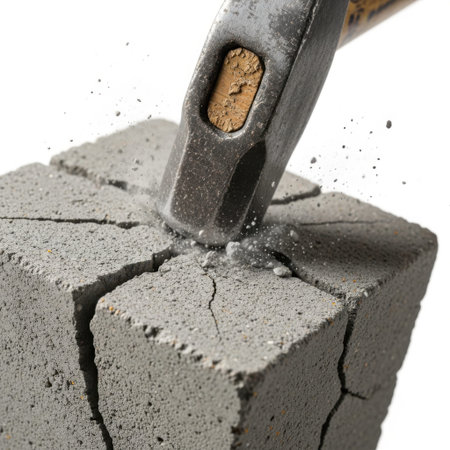 A highly detailed close-up shot of a professional-grade hammer striking a concrete block in mid-air, with fine particles and cracks spreading across the surface. The image captures the intense force and dynamic motion of the impact, emphasizing the texture of the crushed material and the metallic sheen of the tool against a clean white background. This is a real-time action photograph focusing on mechanical destruction and material science principles.