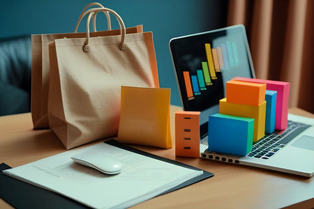 Shopping bags incart on laptop with paper boxes on table and sales data economic growth graph on screen, buying and selling services online on network, e-commerce concept, Ai Generativeの素材