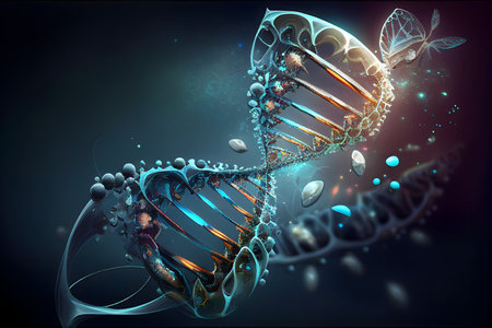 Futuristic DNA Helix on Black Background. DNA Science Background, Created with Generative AI Technologyの素材