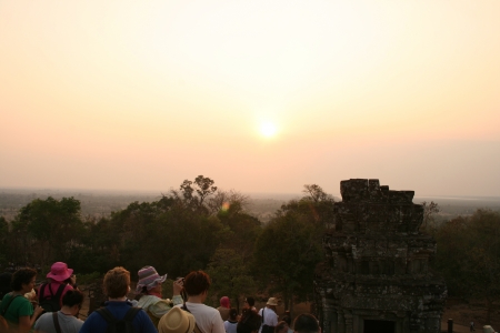 the sunset of Phnom Bakheng of Angkor Wat in Cambodiaのeditorial素材