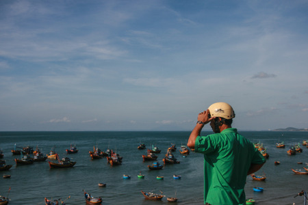 the fishing boats in the sea in vietnamのeditorial素材