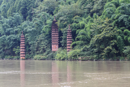stone tower in fish shoal grooves,sichuan,chinaの写真素材