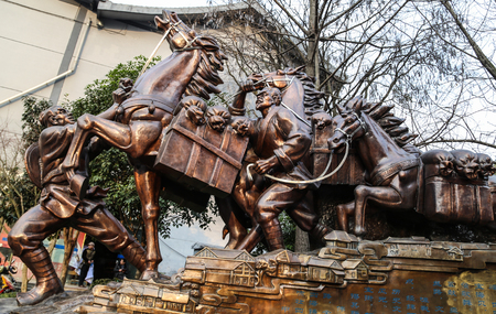 the sculpture of tea-horse road in chengdu,chinaのeditorial素材