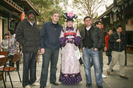 woman model with foreigner in kuanzhai alley,chengdu,chinaのeditorial素材