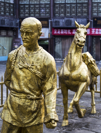 The sculpture of tea-horse road in sichuan,chinaのeditorial素材