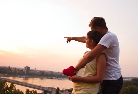 man showing the city to his girlfriendの写真素材