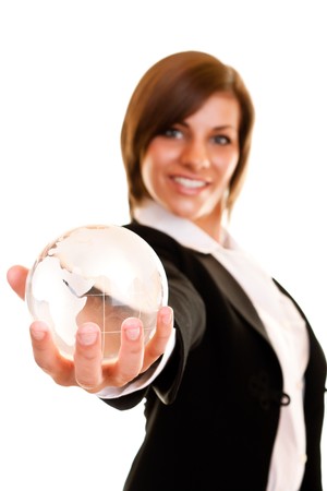 woman holding globe in her hand on whiteの写真素材