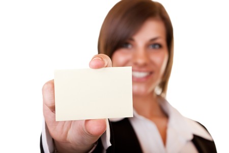 businesswoman holding business card on white backgroundの写真素材