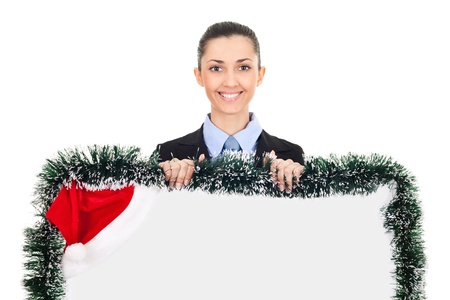 
businesswoman holding blank billboard with santa hat, smiling woman, isolated on white background
の写真素材