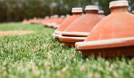 Traditional Moroccan tajine pots used for preparing Moroccan food, in row on grassの素材 [FY31013524345]