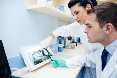 Dentist and assistant checking x-ray at dental clinic の写真素材